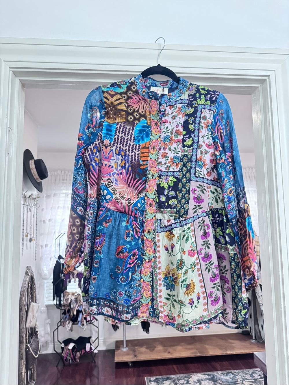 All About Her Blue Multicolor Patchwork Floral Button-Front Blouse - Picture 1 of 8